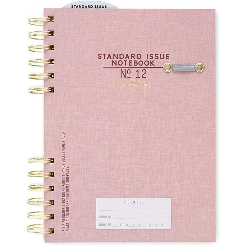DesignWorks Ink Standard Issue Notebook No. 12 â€“ 6" x 8.25" Undated Daily Planner & Writing Journal, 192 Lined Pages, Elastic Pen Holder, Small Spiral Notebook for Work & Journaling - Dusty Pink - Image 1